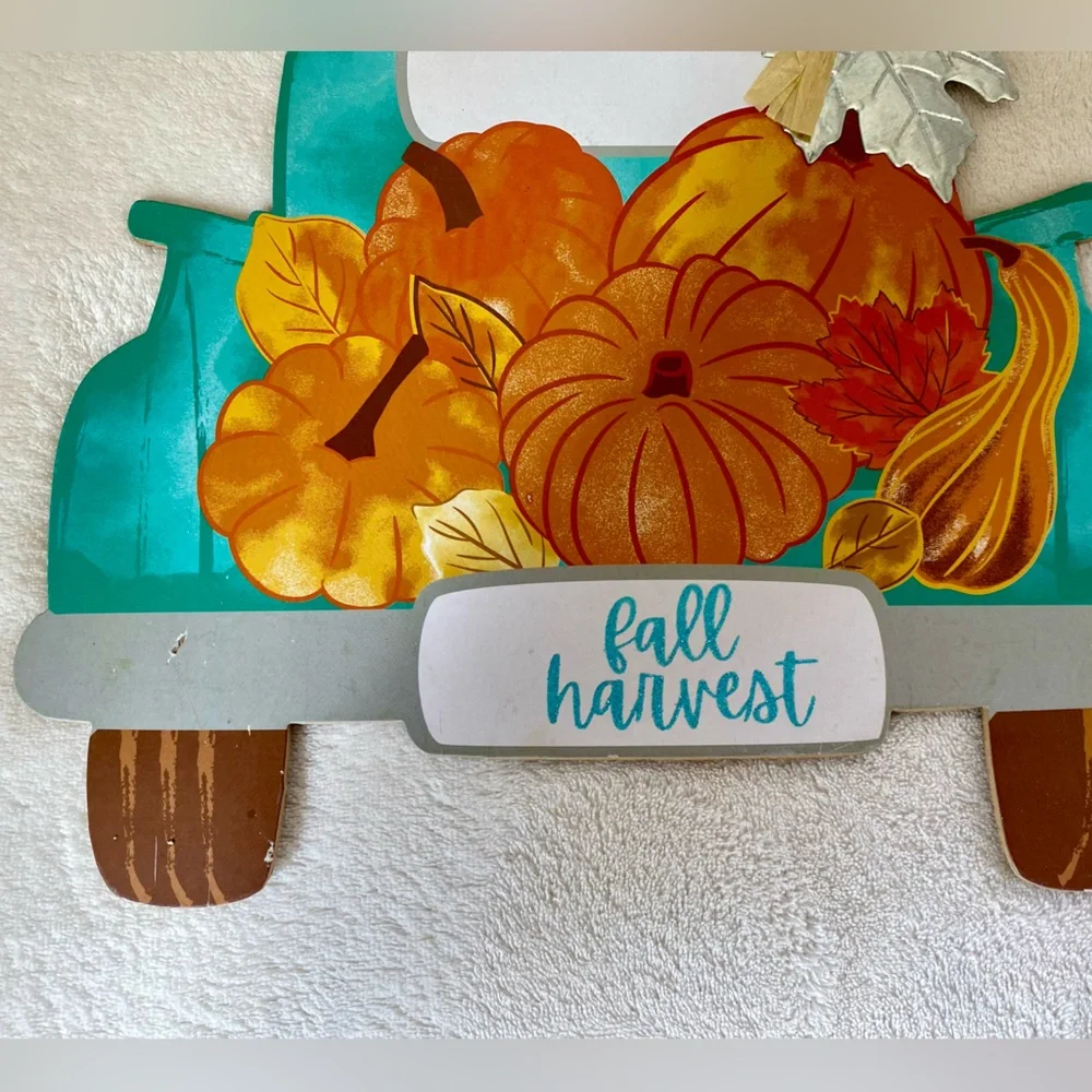NWT Fall Harvest Classic Blue Truck with Pumpkins Hanging  Wall Door Sign
